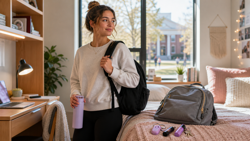College student preparing for class with safety tools, backpack, and keys in a dorm room.