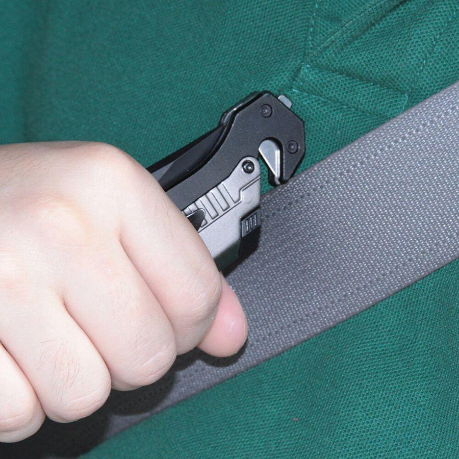 Built-in seat belt cutter and emergency glass breaker for escaping cars