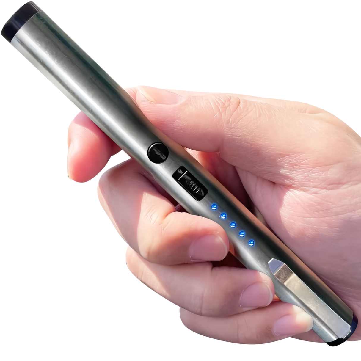 Hand holding a Silver "6 Streetwise Pain Pen rechargeable stun gun, showing the blue battery indicator lights