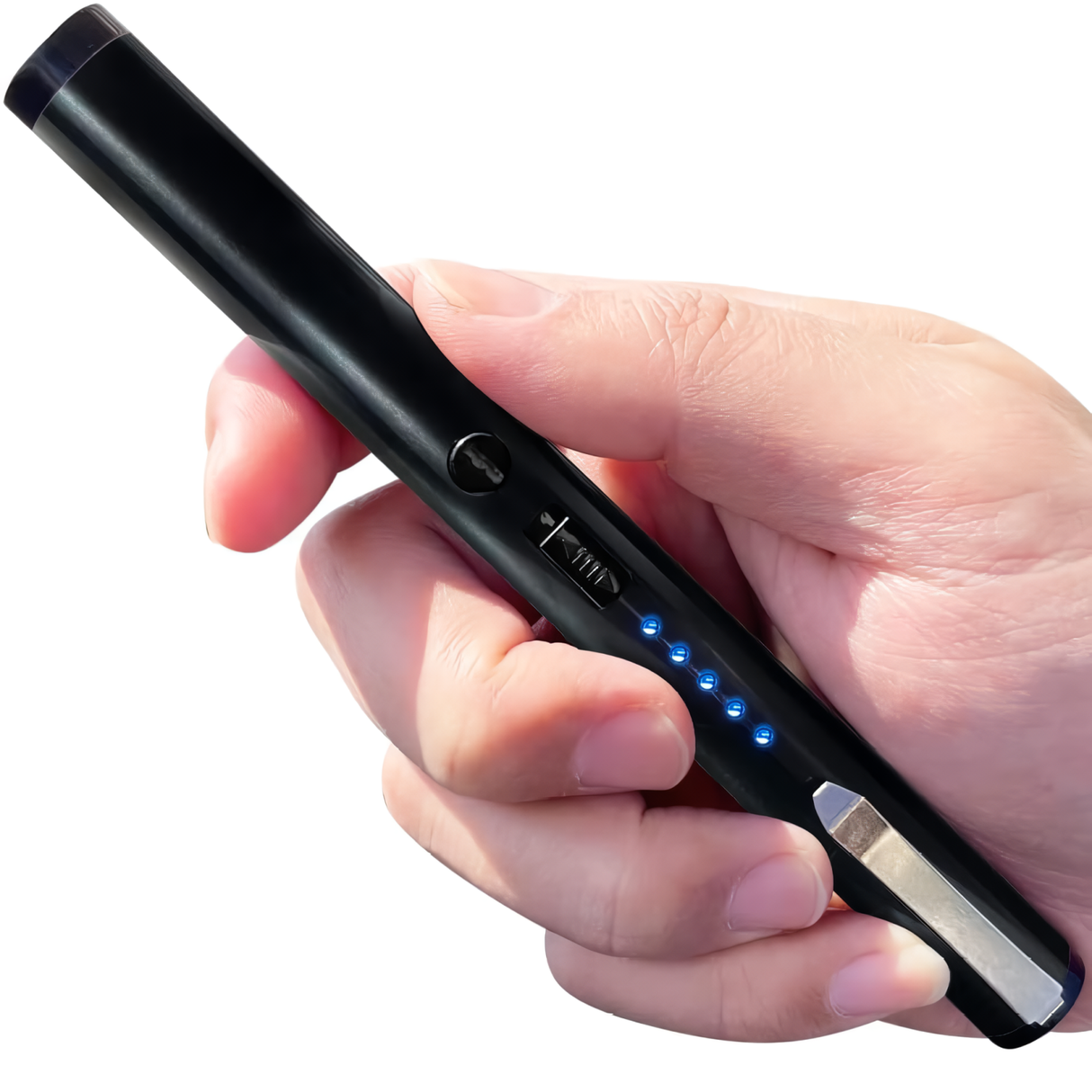 Hand holding a Black "6 Streetwise Pain Pen rechargeable stun gun, showing the blue battery indicator lights