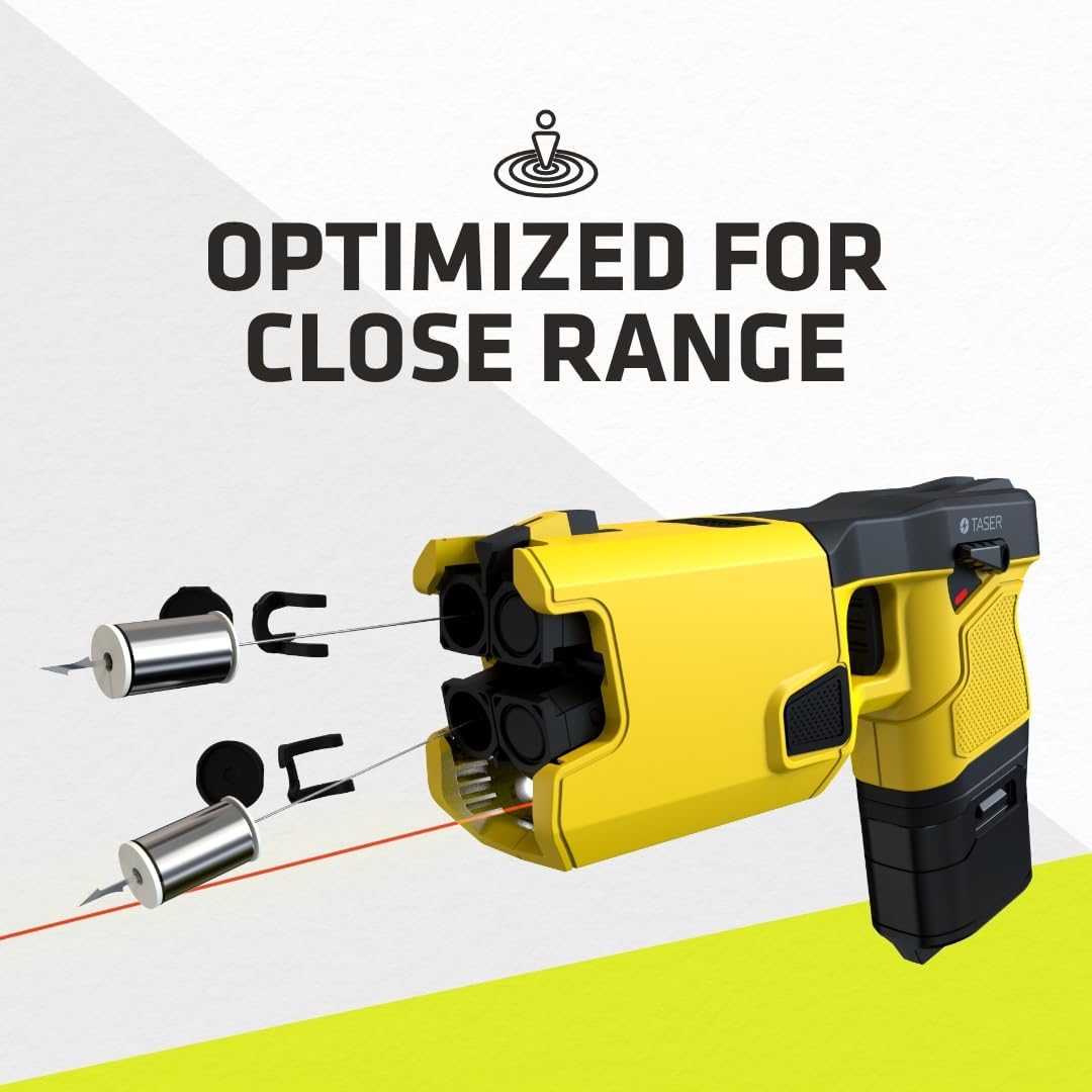 TASER 7 CQ Home Defense Shooting Stun Gun with a cartridge deployed, showing the probes and laser, and text: 'OPTIMIZED FOR CLOSE RANGE