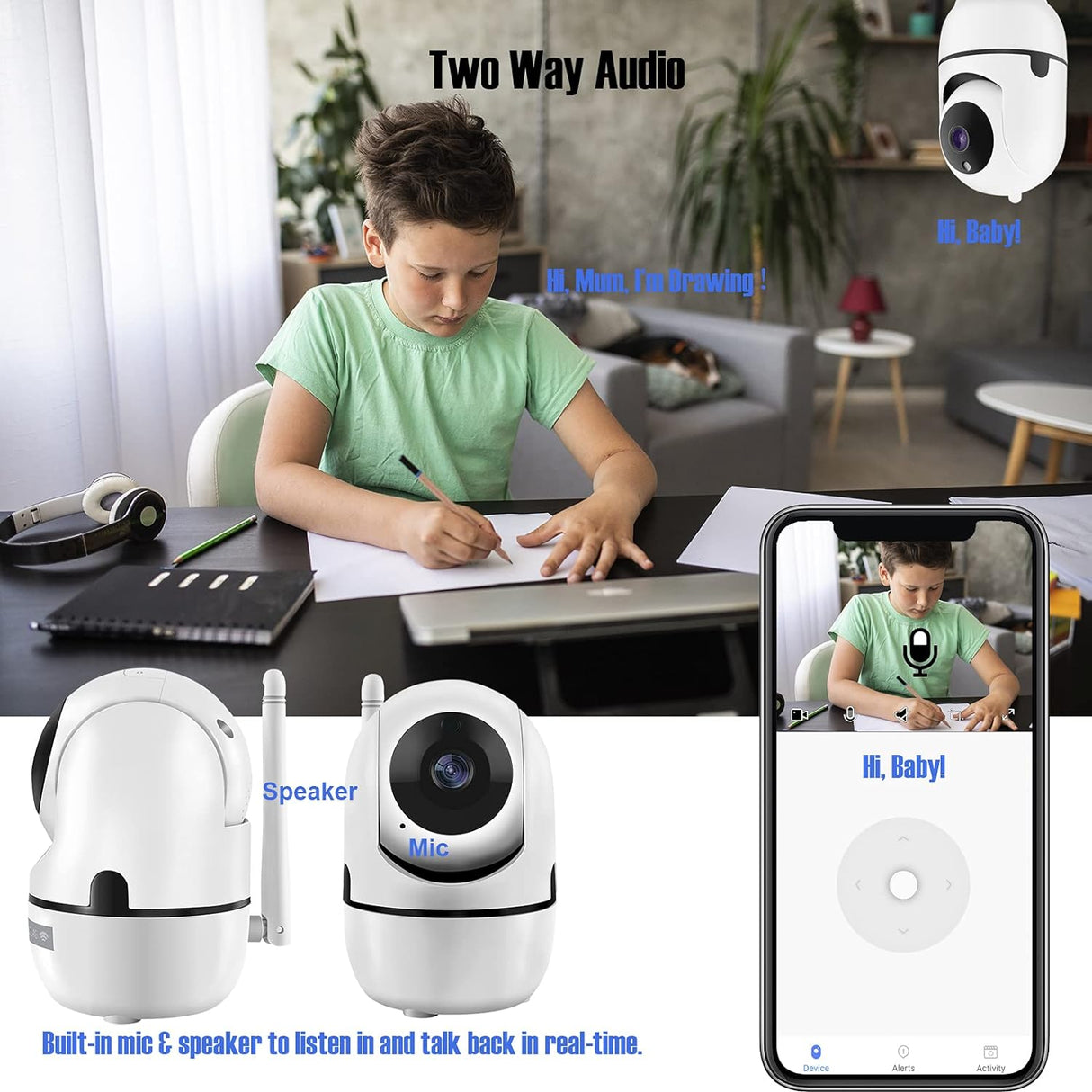 Graphic showing two-way audio feature of the SpyWfi PTZ Nanny Camera