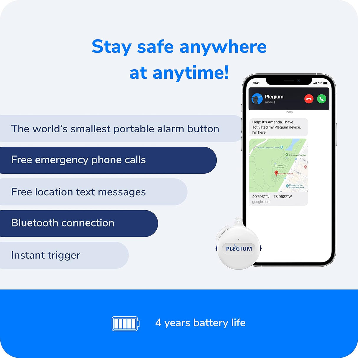 Plegium Smart Emergency Button Personal Wearable GPS Tracker Panic Alarm