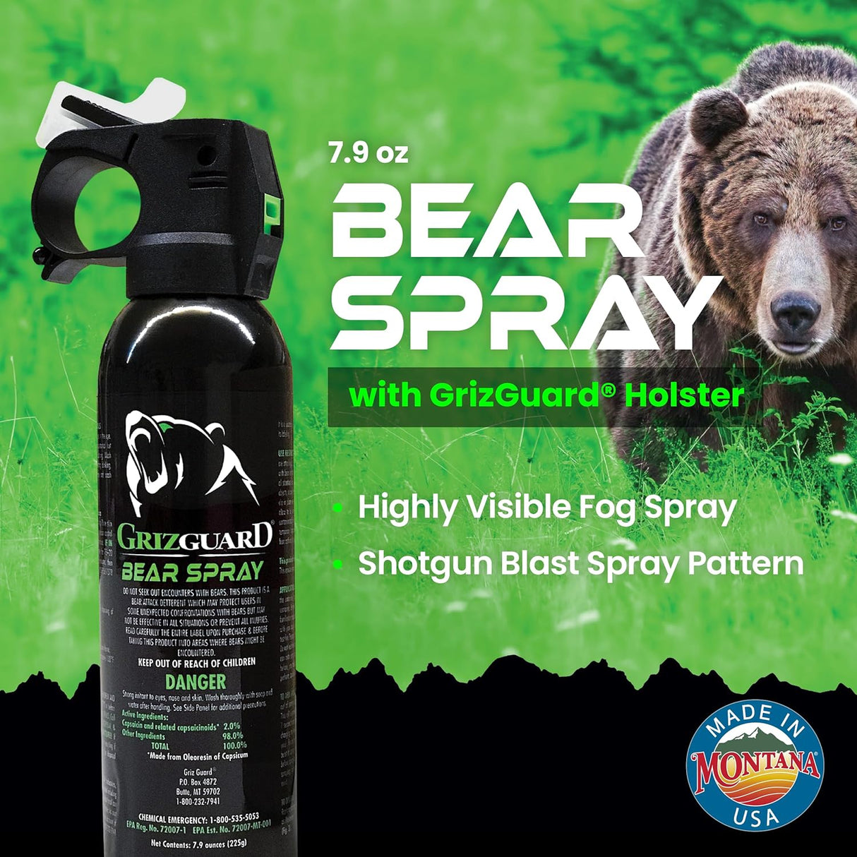GrizGuard Bear Attack Deterrent Pepper Fog 7.9 oz. w/ Quick Access Holster