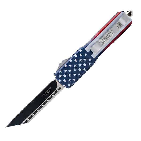 Automatic OTF knife with American flag handle and a belt clip.
