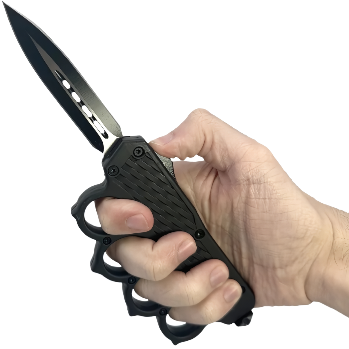 A hand holding a black 3.25" Armed Force Tactical Automatic OTF Knuckle Duster Trench Knife