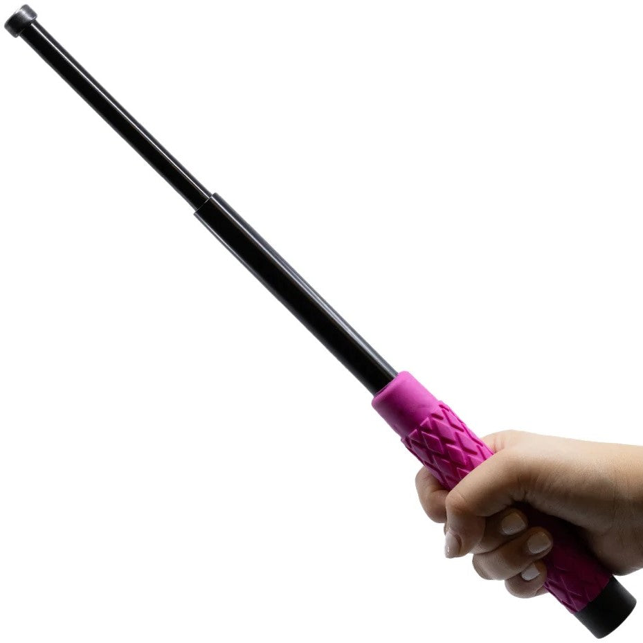 Extended 16 inch Solid Steel Baton with Pink Handle held by hand
