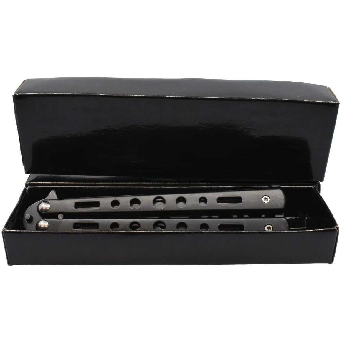 Black Butterfly Trainer Fake Folding Pocket Knife in packaging