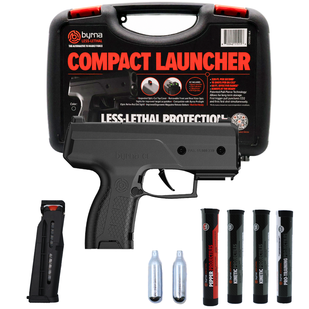 Black Byrna CL Pepper Non-Lethal Self-Defense Projectile Gun Bundle containing CL Compact Launcher, Magazines, 8-Gram CO2 Cylinders, Tube of Projectiles and carrying case