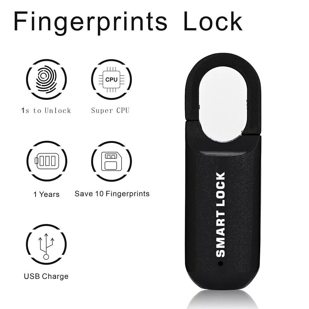 Features of GorillaLock Slim Portable Keyless Biometric Fingerprint Padlock including 1 second to unlock, super cpu, 1 year batter, save 10 fingerprints and usb charge