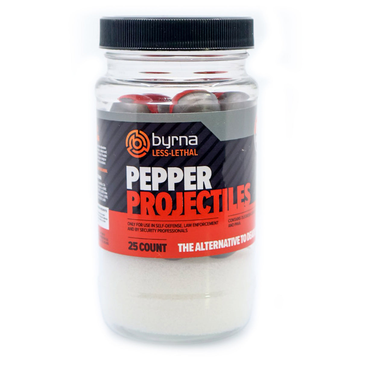 Jar of Byrna Less-Lethal Pepper Projectiles on a white background