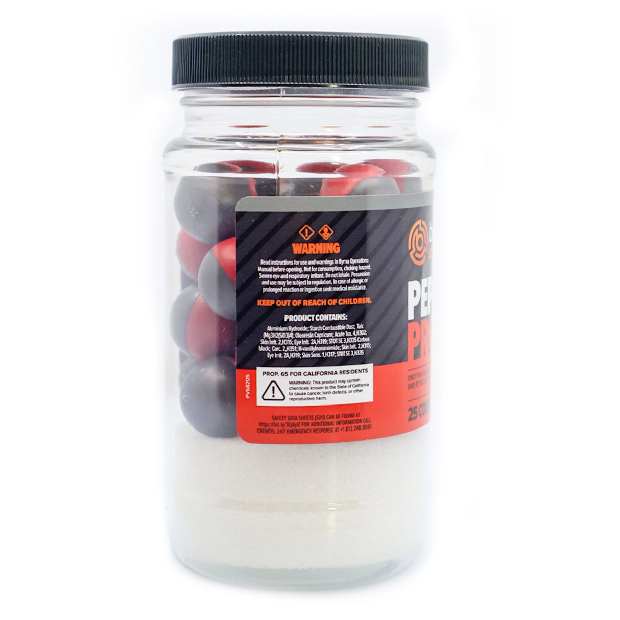 Jar of red and gray balls with a warning label on a white background