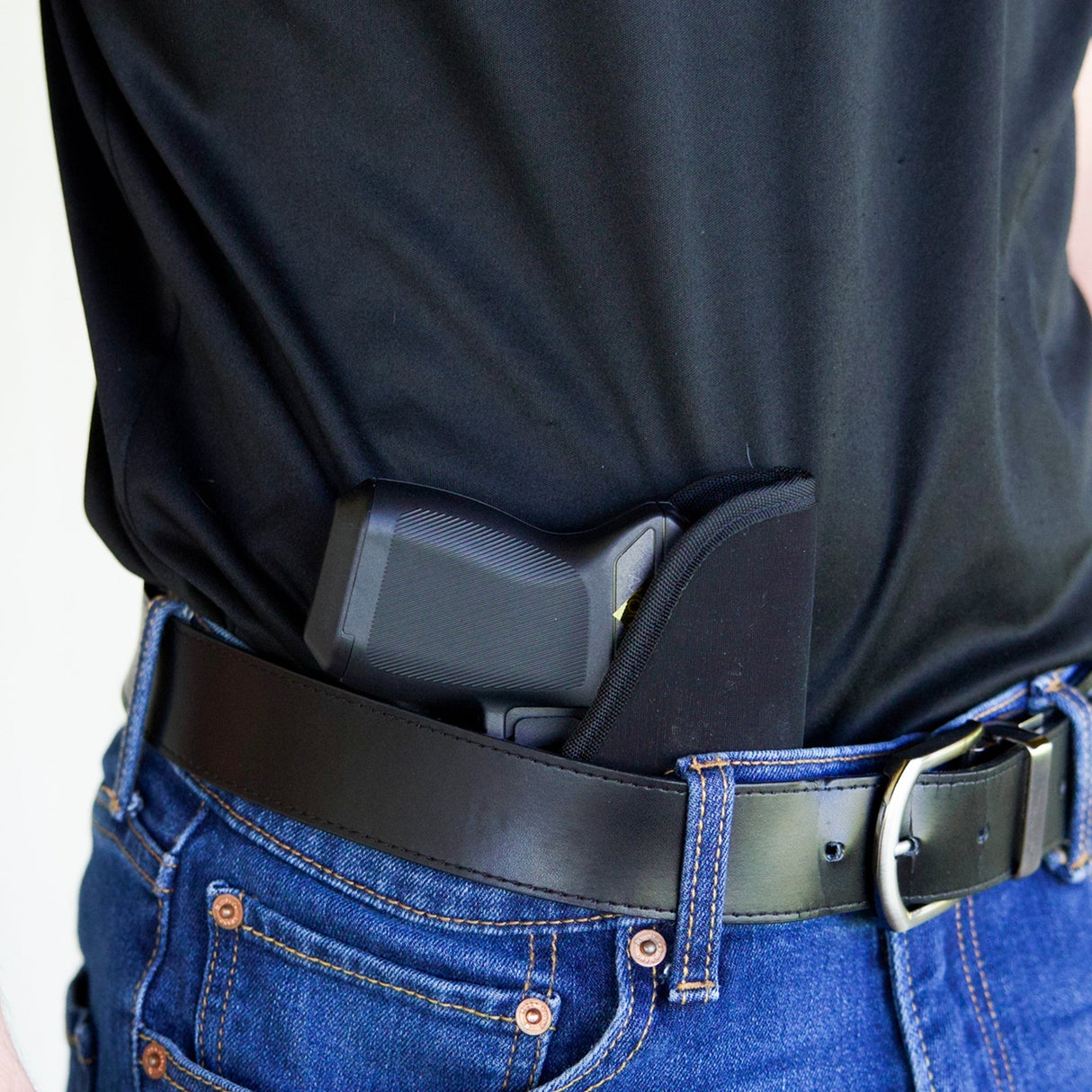 Black Ambidextrous Holster Size 5 IWB Tecgrip from Blackhawk with gun concealed inside pants