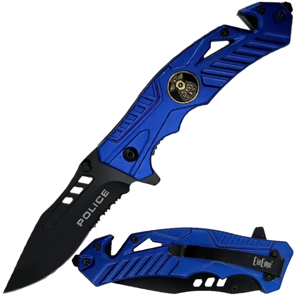 Blue 3.5" ElitEdge Police Spring Assisted Stainless Steel Pocket Knife shown in both folded and open state