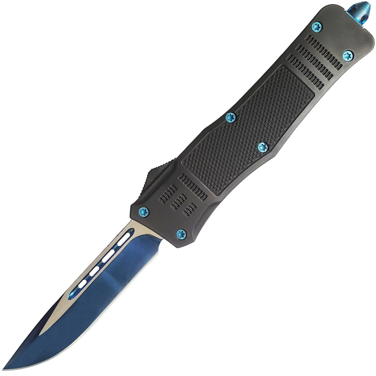 An open black and blue 3.25" Armed Force Tactical Automatic OTF Pocket Knife w/ Molle Holster