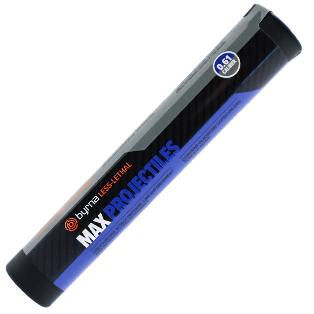 A blue tube packaging with Byrna Max .61 Projectiles 5ct inside