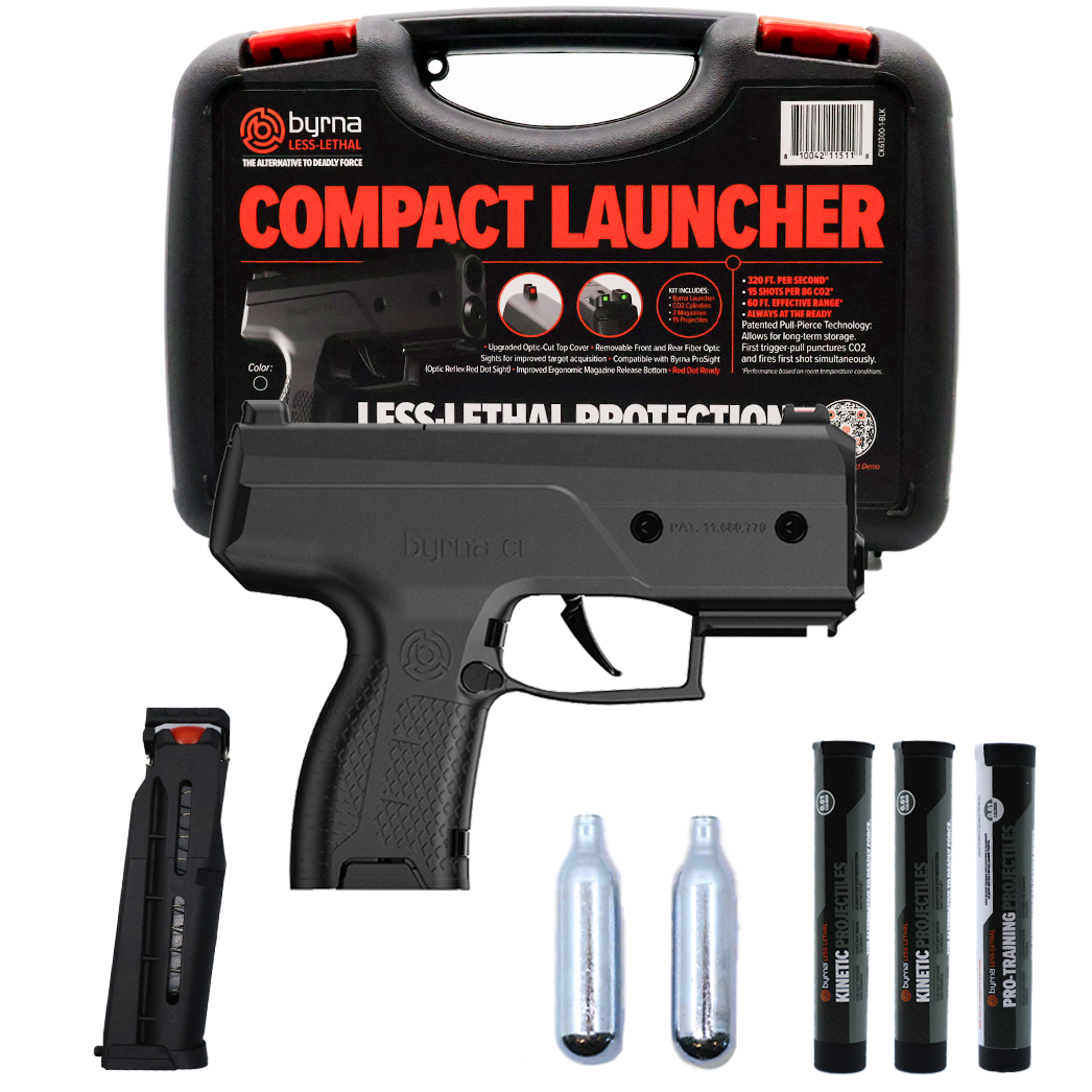 Bundle of Byrna® CL Kinetic Non-Lethal CA Legal Projectile Gun including 5-Round Magazines, Byrna 8-Gram CO2 Cylinders, 5-Round Tube of Byrna Kinetic Projectiles, Eco-Kinetic Projectiles and a carrying case