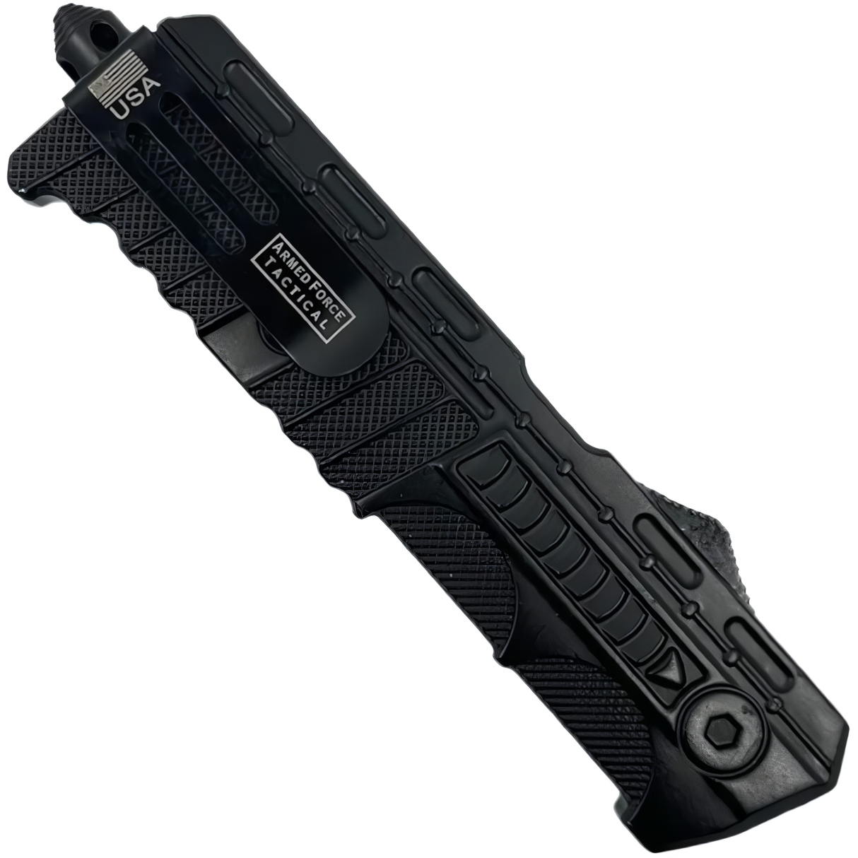 A closed black 3.5" Armed Force Tactical Automatic OTF Tanto Knife