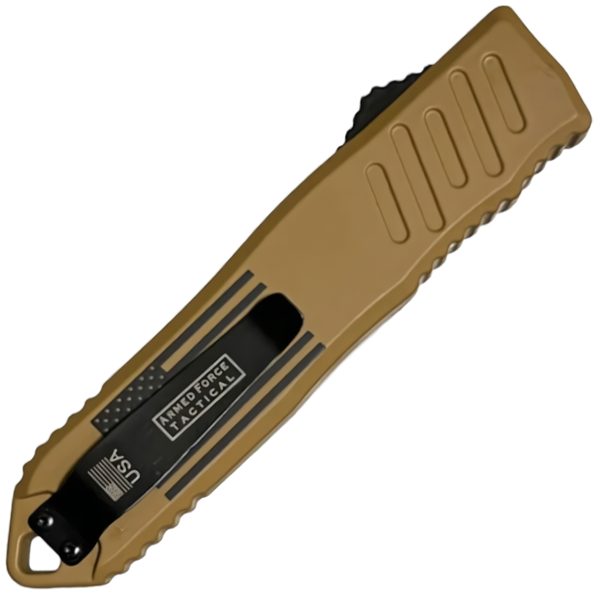 A closed brown 3.25" Armed Force Tactical OTF Dagger Knife showing its metal clip