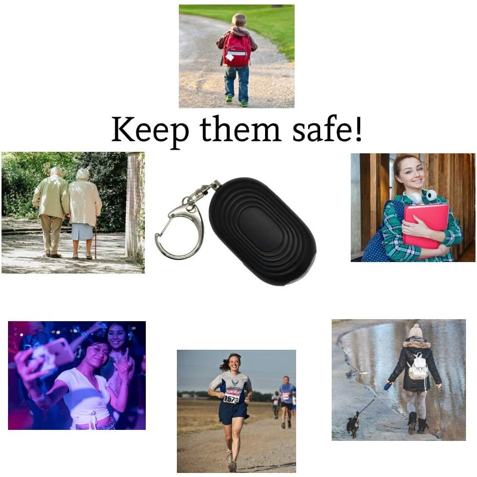 Collage showing the various users of Crow Alert Personal Pull Pin Panic Alarm including a child, seniors, a student, a night-goer, a jogger, and a dog walker, with the text 'Keep them safe!'