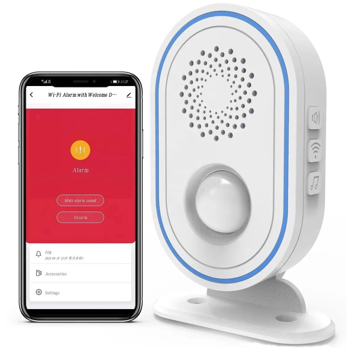 White Crow Alert Smart WiFi 110° LED Light Ring Motion Detector Intruder Alarm 85dB displayed next to a smartphone showing the app interface for the device.