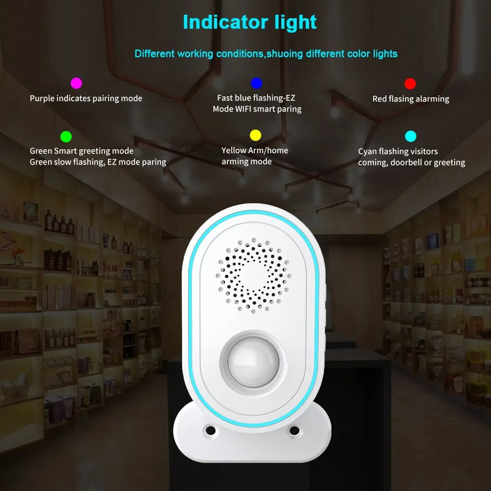 Instructional diagram for Crow Alert Smart WiFi 110° LED Light Ring Motion Detector Intruder Alarm indicator light, explaining color-coded signals for volume levels, record mode, battery status, and configuration mode
