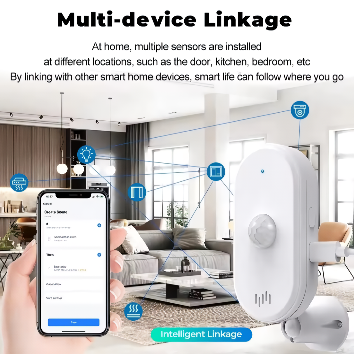 Multi-device linkage illustration showing how various smart sensors throughout a home connect to a central mobile app of Crow Alert Smart WiFi 110° PIR Motion Detector Intruder Alarm