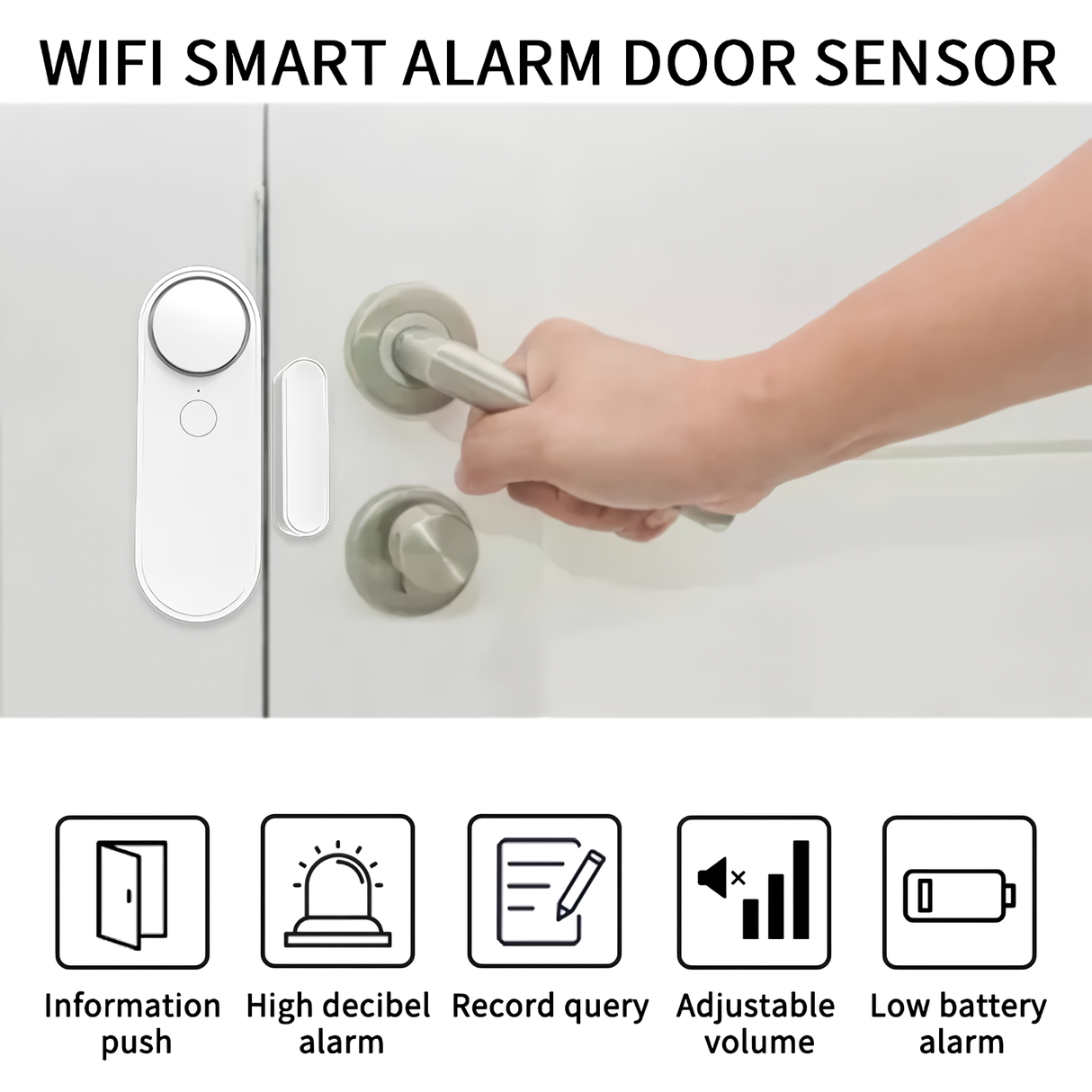 Product feature overview of Crow Alert Smart WiFi Magnetic Contact Door & Window Intruder Alarm 90dB, highlighting instant push notifications, high-decibel alarm, record history, adjustable volume, and low battery alerts.