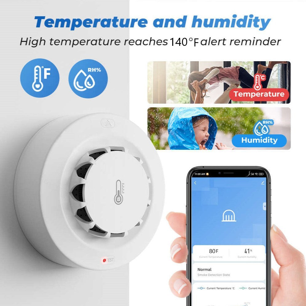 Crow Alert Smart WiFi Smoke & Temperature Detector Alarm connected to a smartphone app showing a real-time high temperature reminder