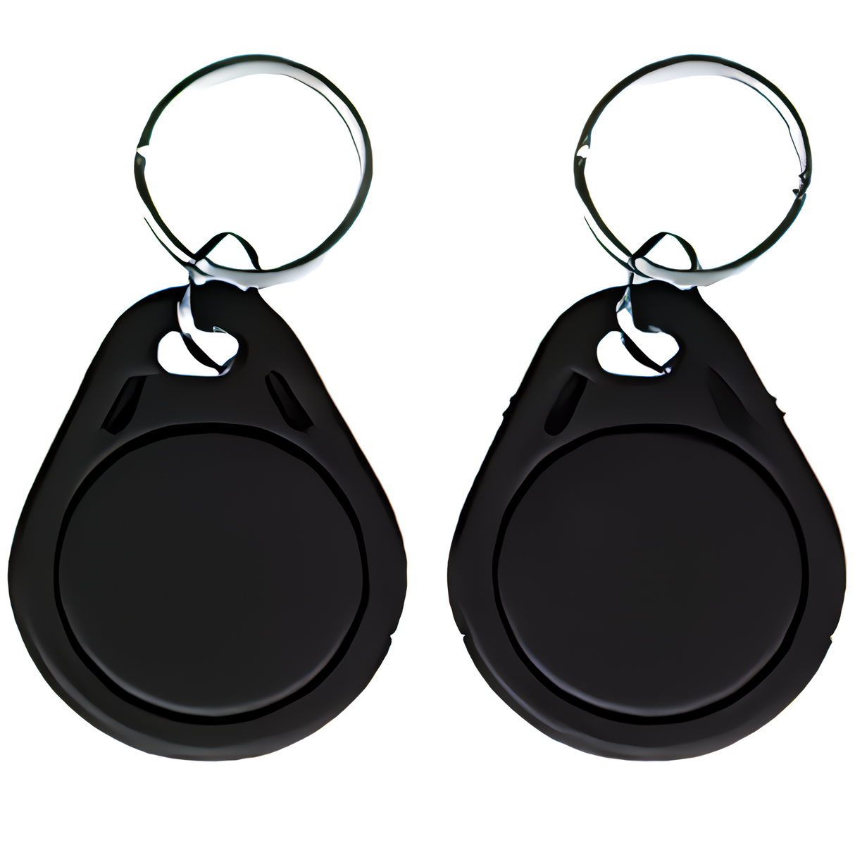 Two black circular RFID key fobs on metal rings for quick arming or disarming of Crow Alert Smart WiFi Wireless Home Security 4G Alarm System