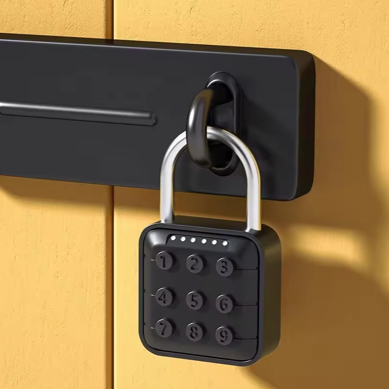 A black GorillaLock Portable Waterproof Keyless Electronic Keypad Padlock locked in a locker