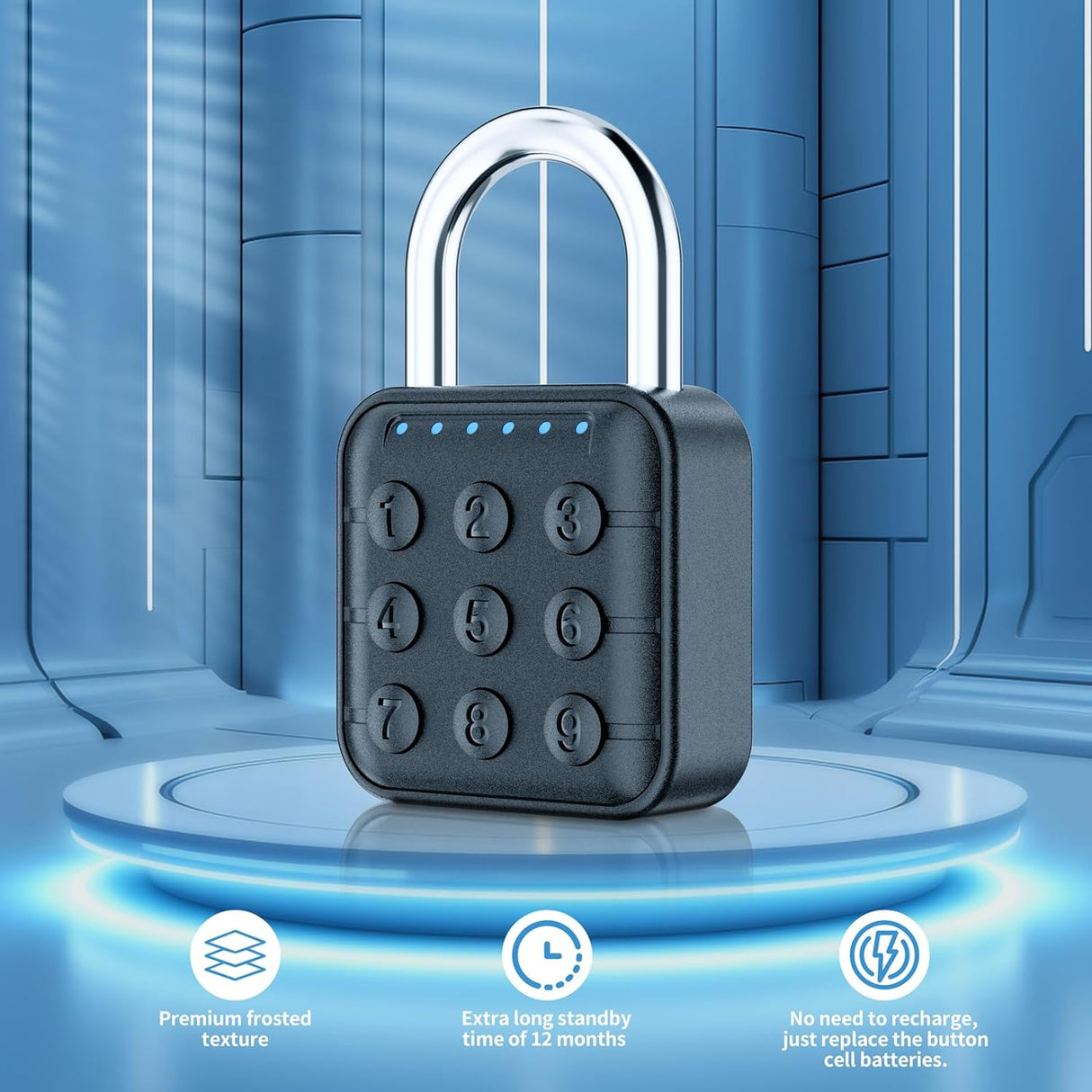 Features of GorillaLock Portable Waterproof Keyless Electronic Keypad Padlock including premium frosted texture, extra long standby of 12 months and no need to recharge, just replace the button cell batteries