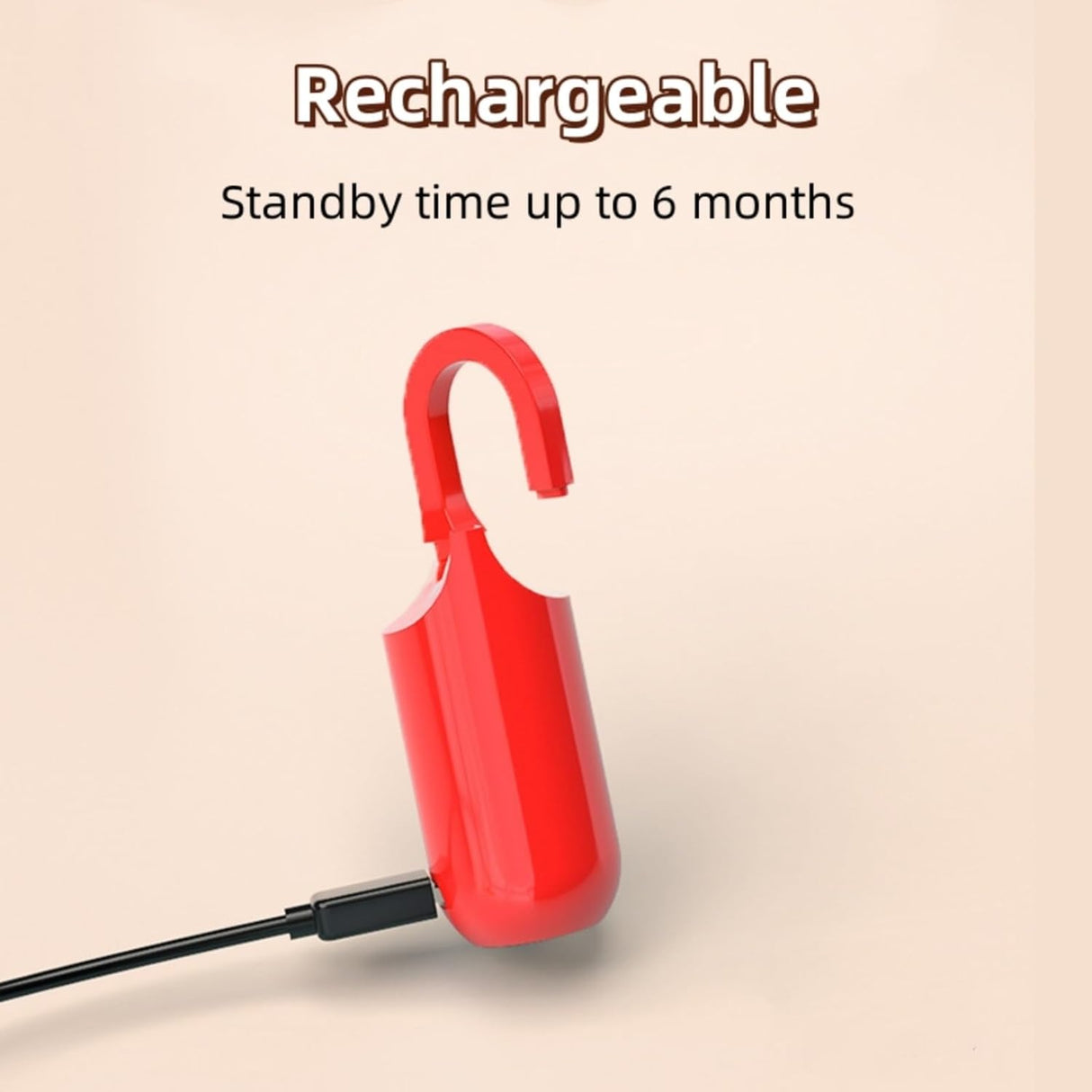 Red GorillaLock Slim Portable Keyless Biometric Fingerprint Padlock plugged into a cable with texts "rechargeable" and a "standby time up to 6 months"
