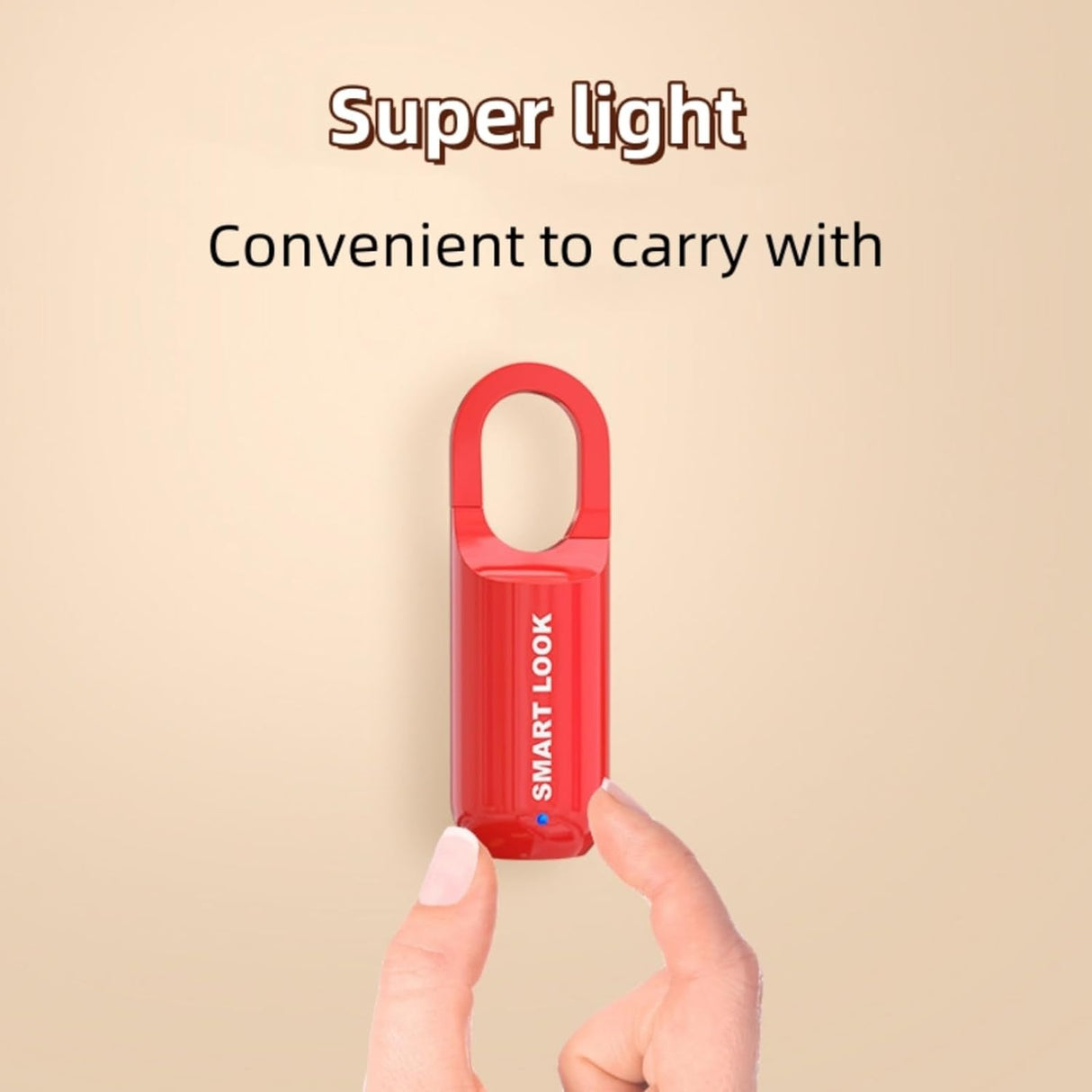 two fingers holding the red GorillaLock Slim Portable Keyless Biometric Fingerprint Padlock with texts "super light" and "convenient to carry with"