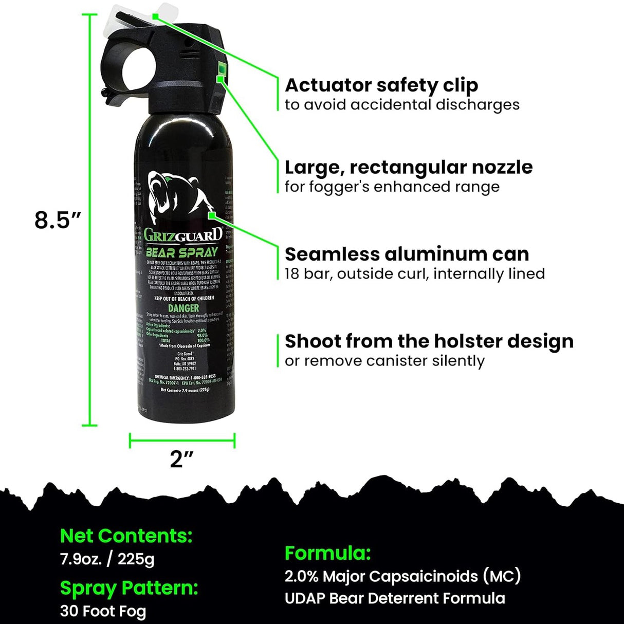 Parts of GrizGuard Bear Attack Deterrent Pepper Fog Spray including Actuator safety clip to avoid accidental discharges and large rectangular nozzle for fogger's enhanced range. Made from seamless aluminum can. With dimensions of 8.5"x2"