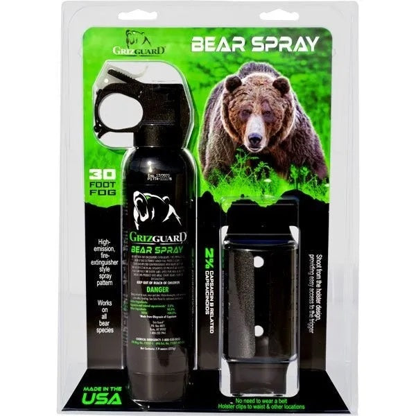 Black GrizGuard Bear Attack Deterrent Pepper Fog 7.9 oz. w/ Quick Access Holster in a packaging