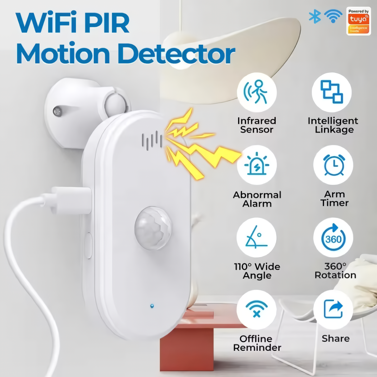 Crow Alert Smart WiFi 110° PIR Motion Detector Intruder Alarm 80dB