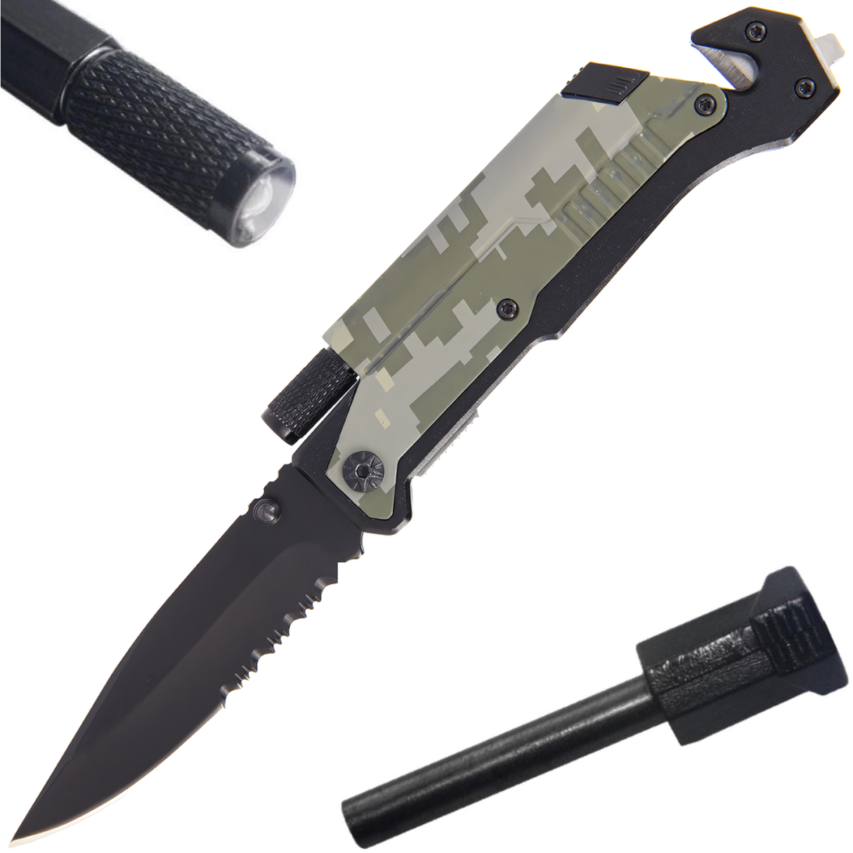 5-in-1 EDC Folding Survival Pocket Knife with a camo handle, LED Light & Fire Starter