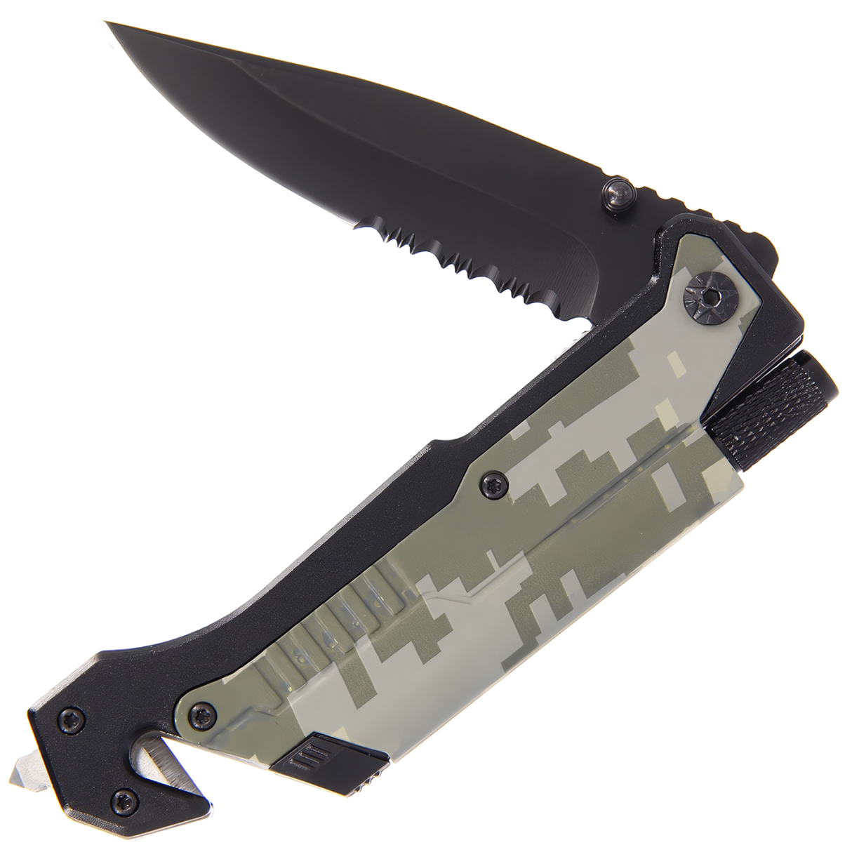 Open 5-in-1 EDC Folding Survival Pocket Knife with a camo handle