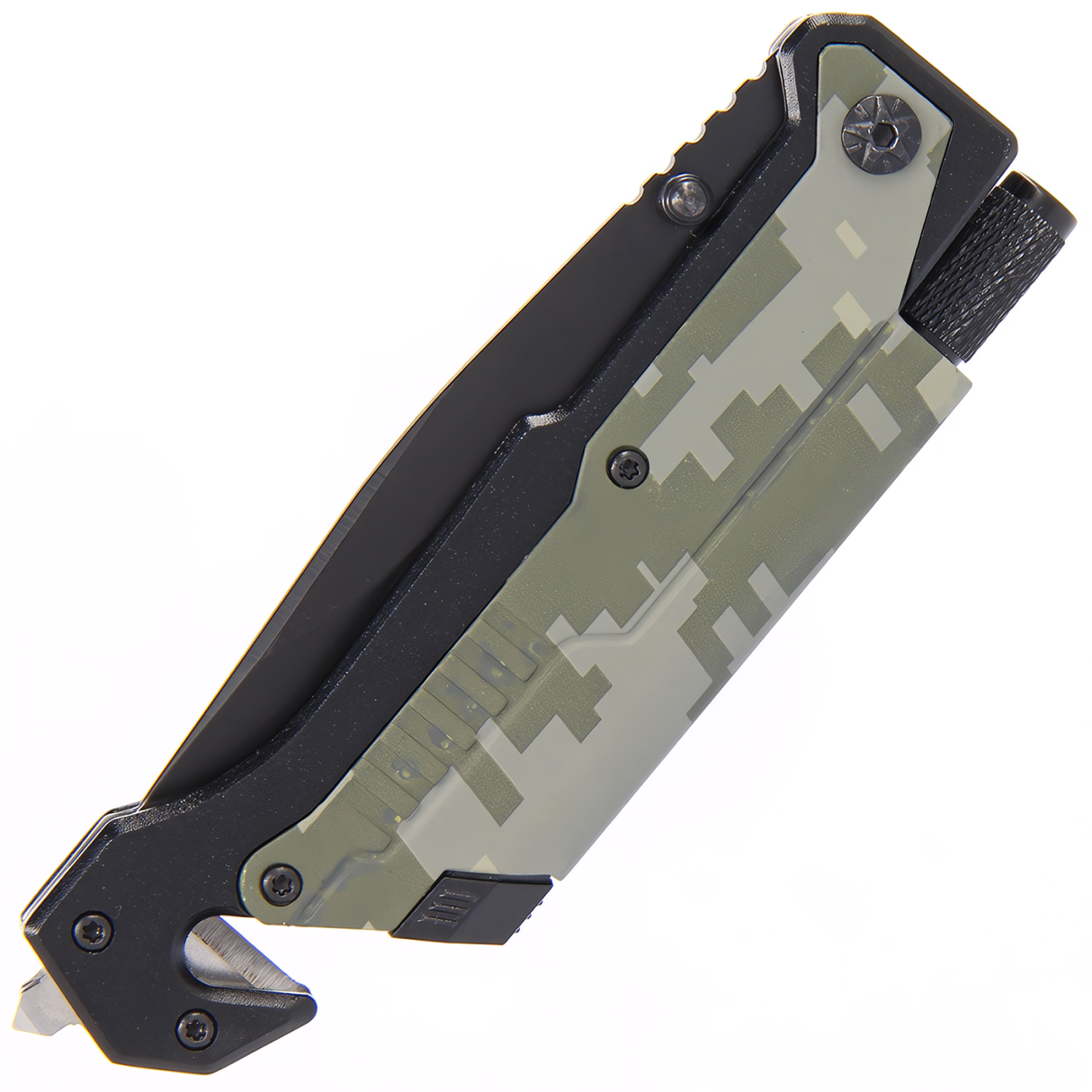 5-in-1 EDC Folding Survival Pocket Knife with a camo handle in folded state