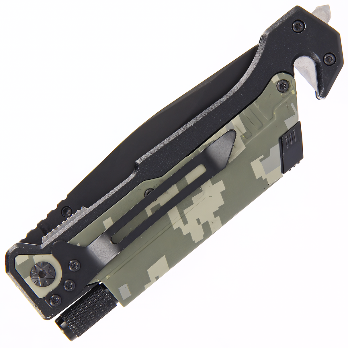 5-in-1 EDC Folding Survival Pocket Knife with a camo handle in folded state