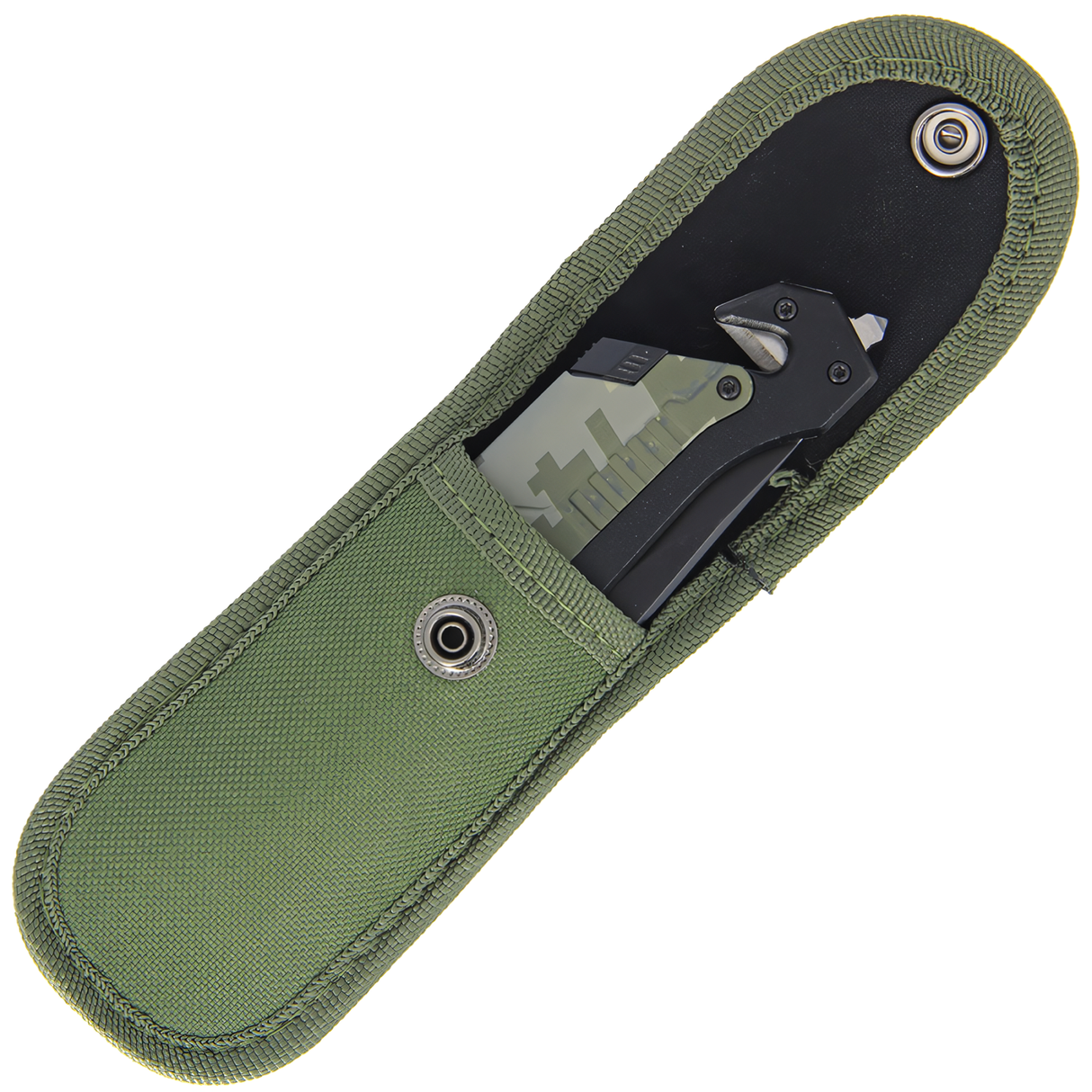 5-in-1 EDC Folding Survival Pocket Knife with a camo handle inside a green nylon belt sheath