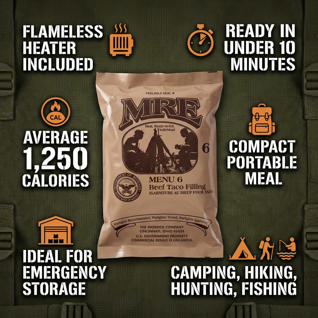 MRE (Meal, Ready to Eat) package with features listed on a green background
