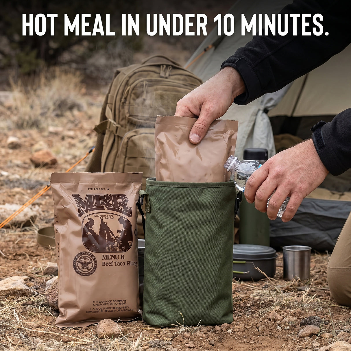 Person preparing a hot meal in the outdoors with MRE packages and camping gear.