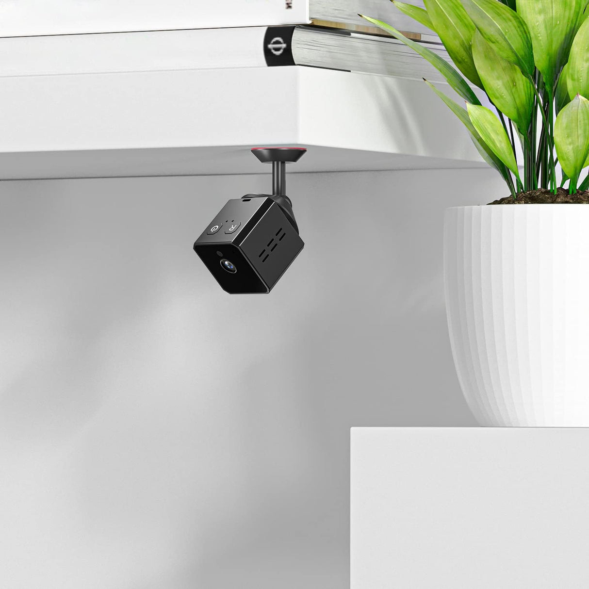 Black SpyWfi mini travel Cube Hidden Night Vision Spy Camera mounted under shelf