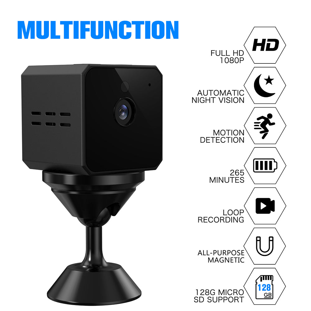 Graphic listing the SpyWfi mini Cube Hidden camera's key functions