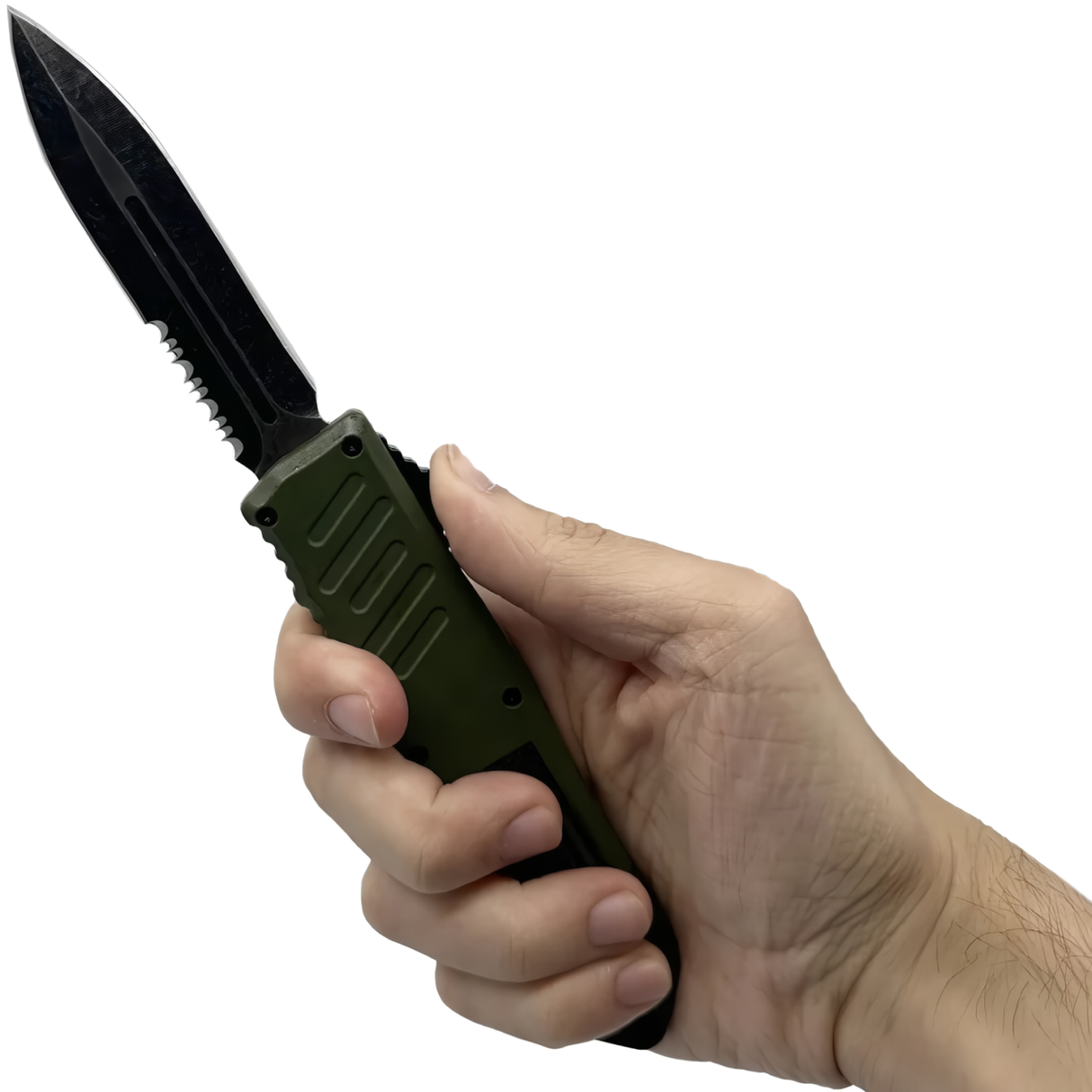A hand holding an open green 3.25" Armed Force Tactical OTF Dagger Knife
