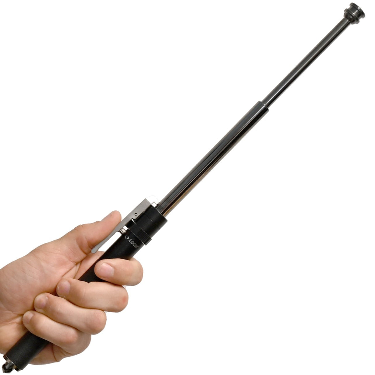 Hand holding a 16" Police Force Tactical Automatic Expendable Steel Baton in extended form