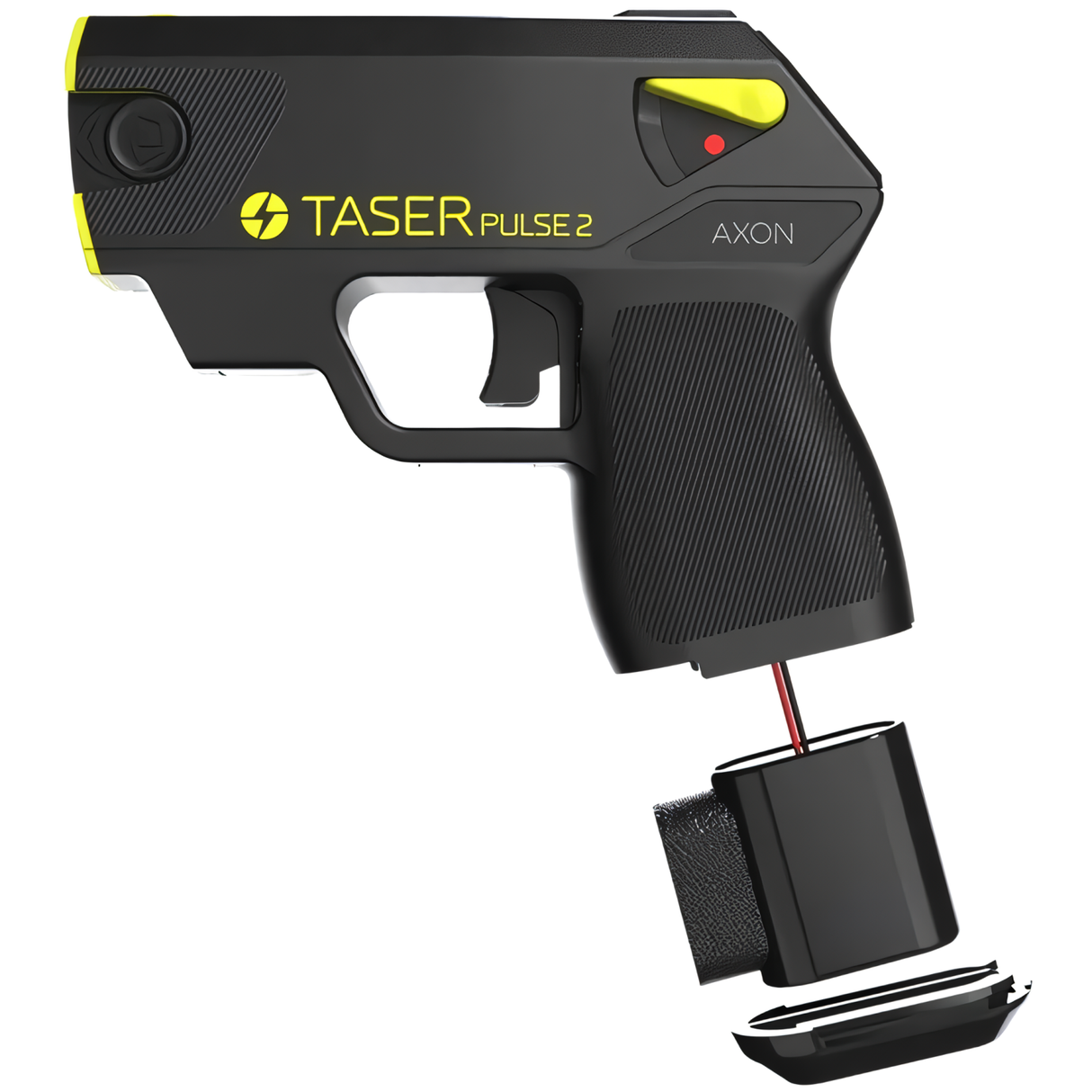 TASER Pulse 2 Reloadable Shooting Stun Gun with the battery pack shown being removed from the bottom of the handle