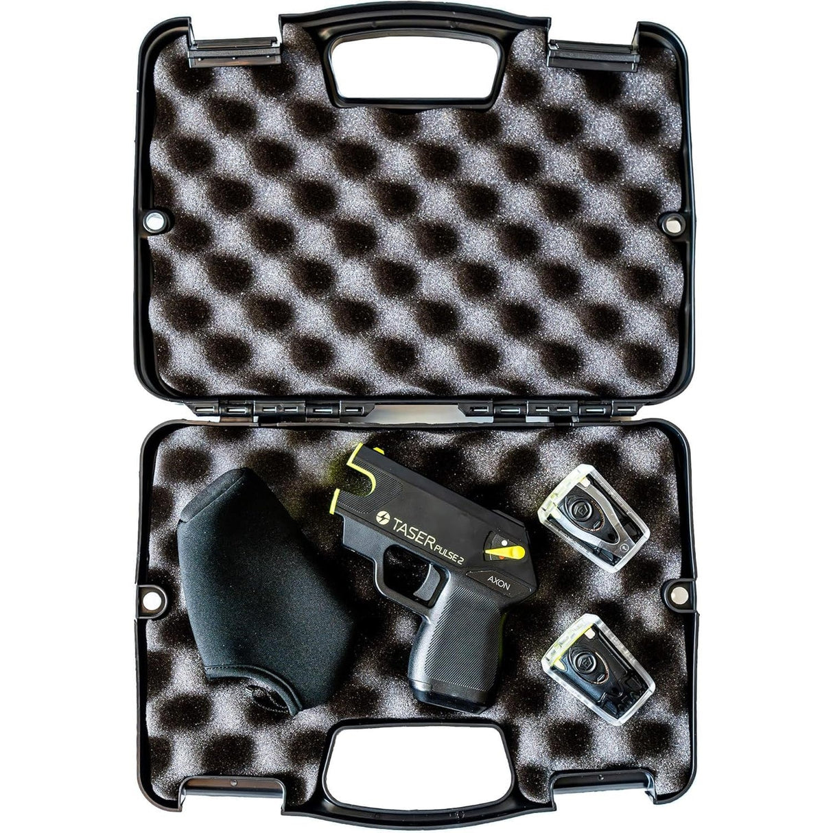 TASER Pulse 2 Shooting Stun Gun with a soft carrying sleeve, and two spare cartridges in an open hard case